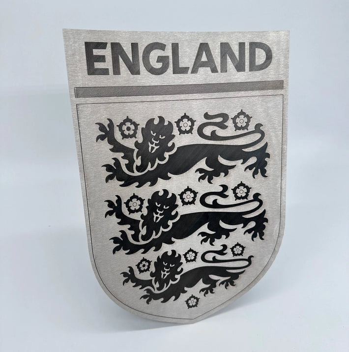 England football badge laser etched onto stainless steel.