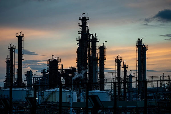 Silhouette of an oil industrial complex against a sunset sky